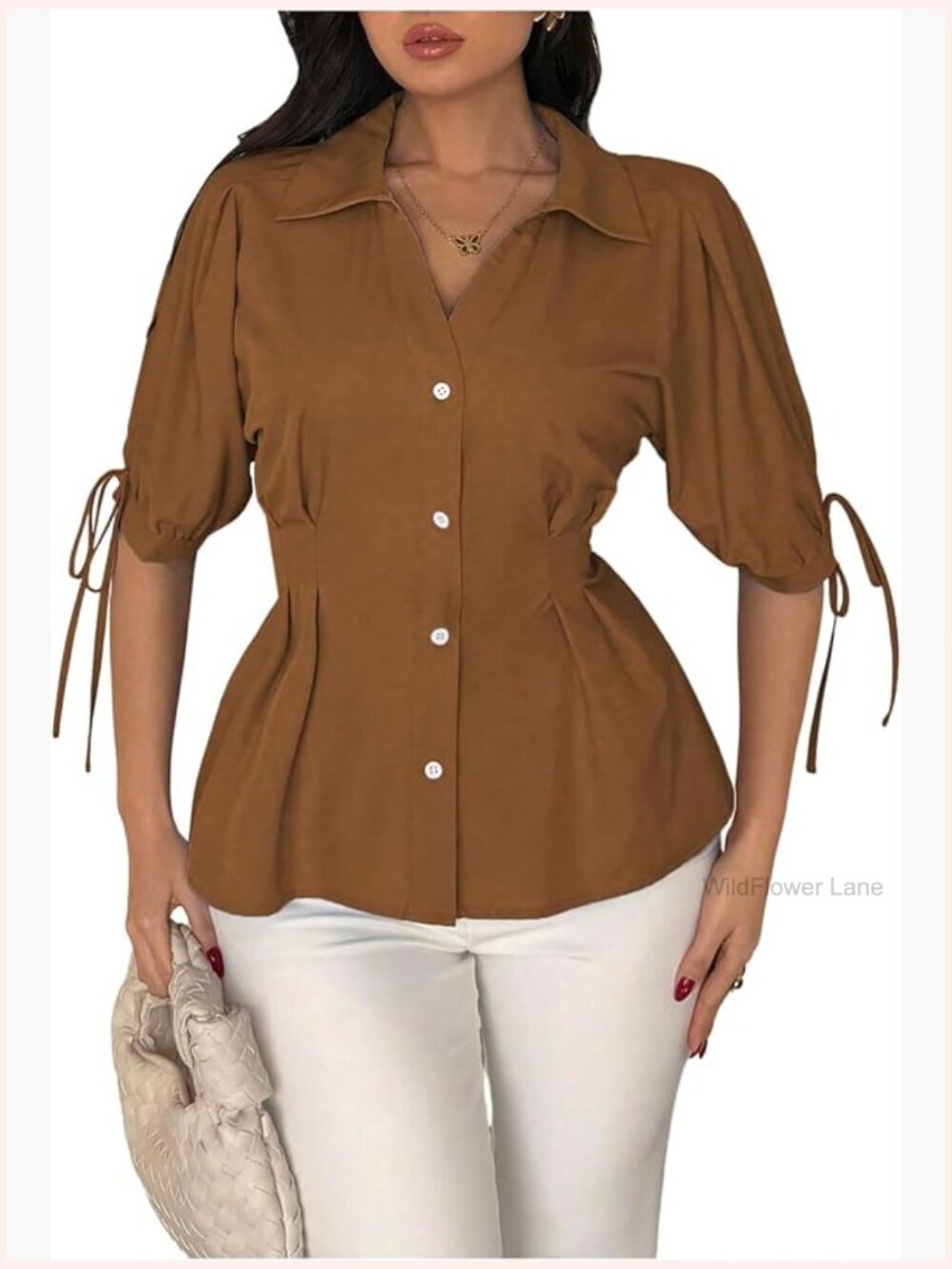 Cinched Waist Peplum Blouse Button Down Puff Sleeve Babydoll Tops Business
